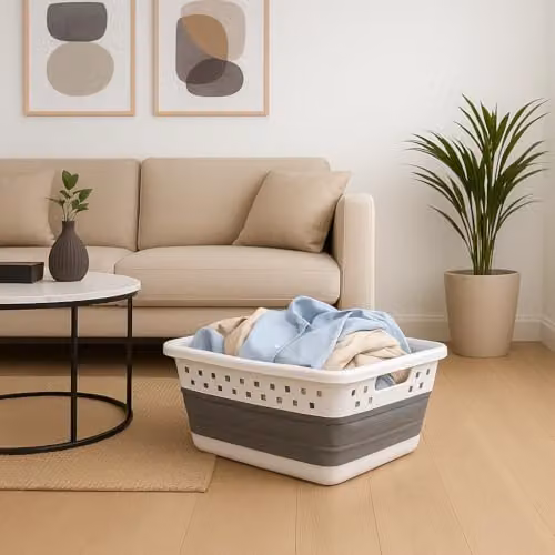 Harbour Housewares 42L Collapsible Laundry Basket in White and Grey with Handles – 2