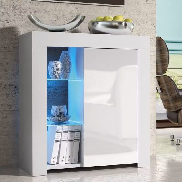 Mex Furniture LTD Serene Sideboard in White with Glossy Doors and LED Lights, W/D/H: 83 x 75 x 35 cm – 1