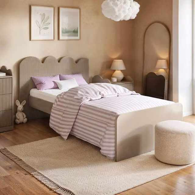 Flair Calista Ribbed Cloud Upholstered Single Bed with Headboard in Beige or Taupe, W/D/H: 90 x 200 x 120 cm – 1