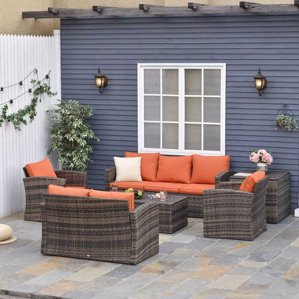 Wyld Haus Toleli 7 Seater Rattan Outdoor Sofa Set with Storage Tables in Brown and Orange – 3
