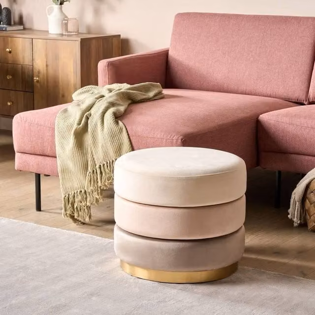 Wyld and Coco Ombre Beige Velvet Round Footstool with Gold Base, Diameter: 48 cm, Height: 48 cm