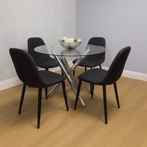 KOSY KOALA Modern Round Clear Glass Dining Table Set with 4 Black Chairs – 1