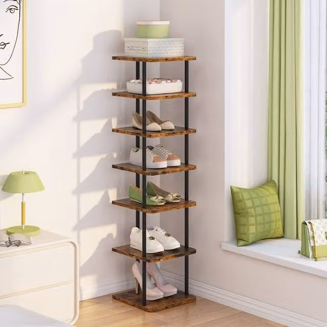 Huhote 7-Tier Narrow Shoe Rack with Metal Frame in Brown