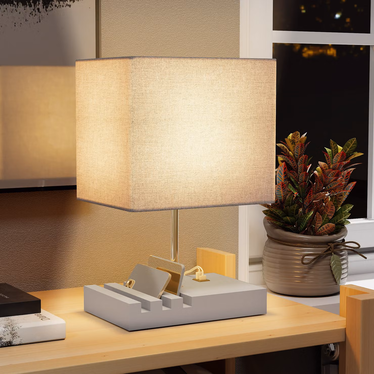 HOMCOM Modern Grey Bedside Lamp with USB A+C Charging Ports, 3 Phone Stands and Solid Wood Base with Fabric Shade, E27 Socket – 2