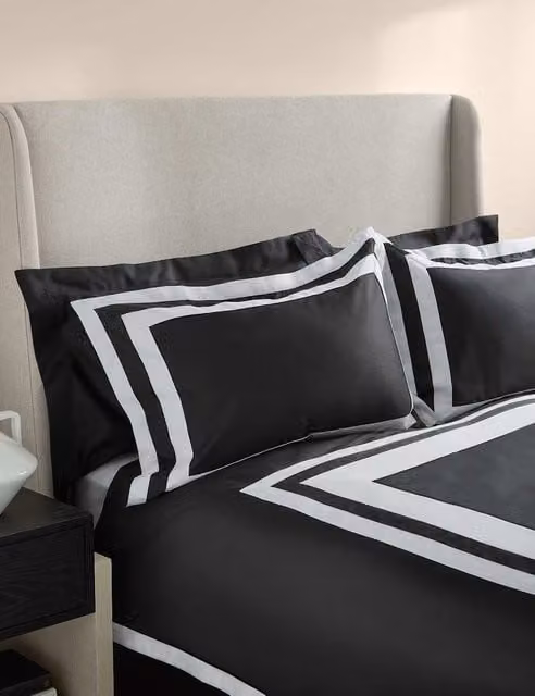M&S x Kelly Hoppen Pure Cotton Double Border Bedding Set, Black Mix, W: 140 cm, L: 200 cm