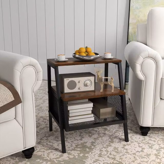 Costway Industrial 3-Tier Nightstand with 2 Open Shelves in Brown