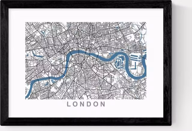 East End Prints London City Map Framed Paper Poster in Black, White and Multicolour
