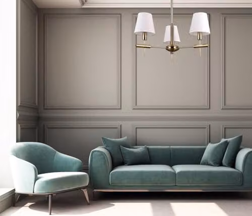 Netlighting Stylised 3-Light Modern Ceiling Chandelier in Gold and White with Fabric Shades and E14 Base – 2