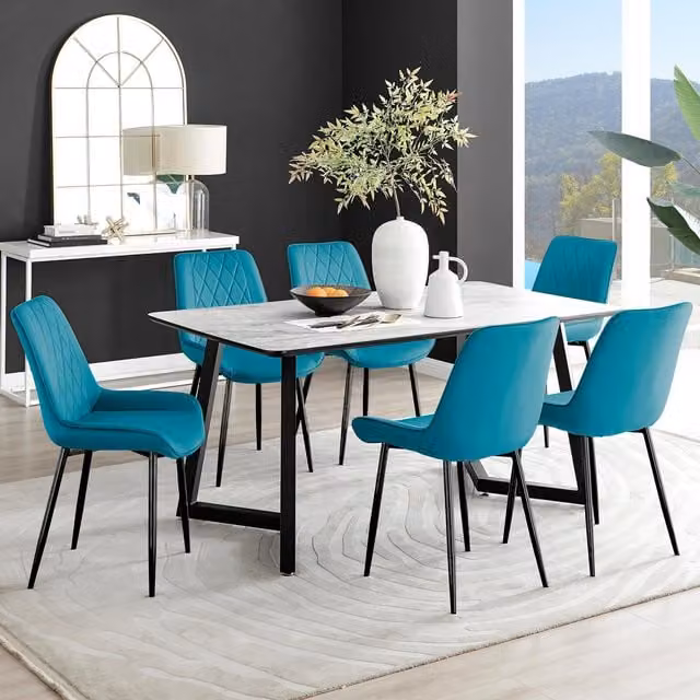 FurnitureboxUK Carson White Marble Effect Dining Table and 6 Blue Velvet Pesaro Chairs with Black Legs – 1