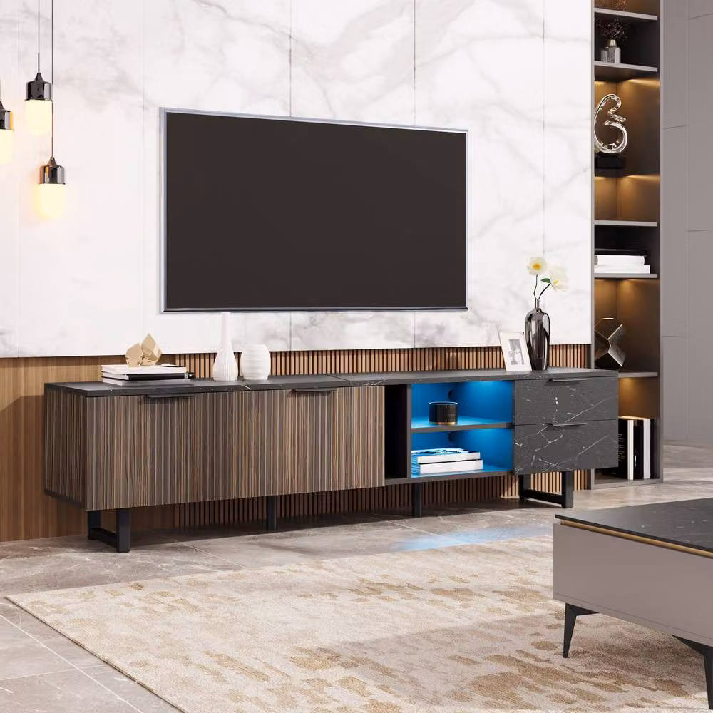 ModernLuxe TV Cabinet with LED Lighting, 2 Doors and 2 Drawers in Black and Multicolour, W: 200.0 cm, H: 38.55 cm, D: 50.0 cm – 5