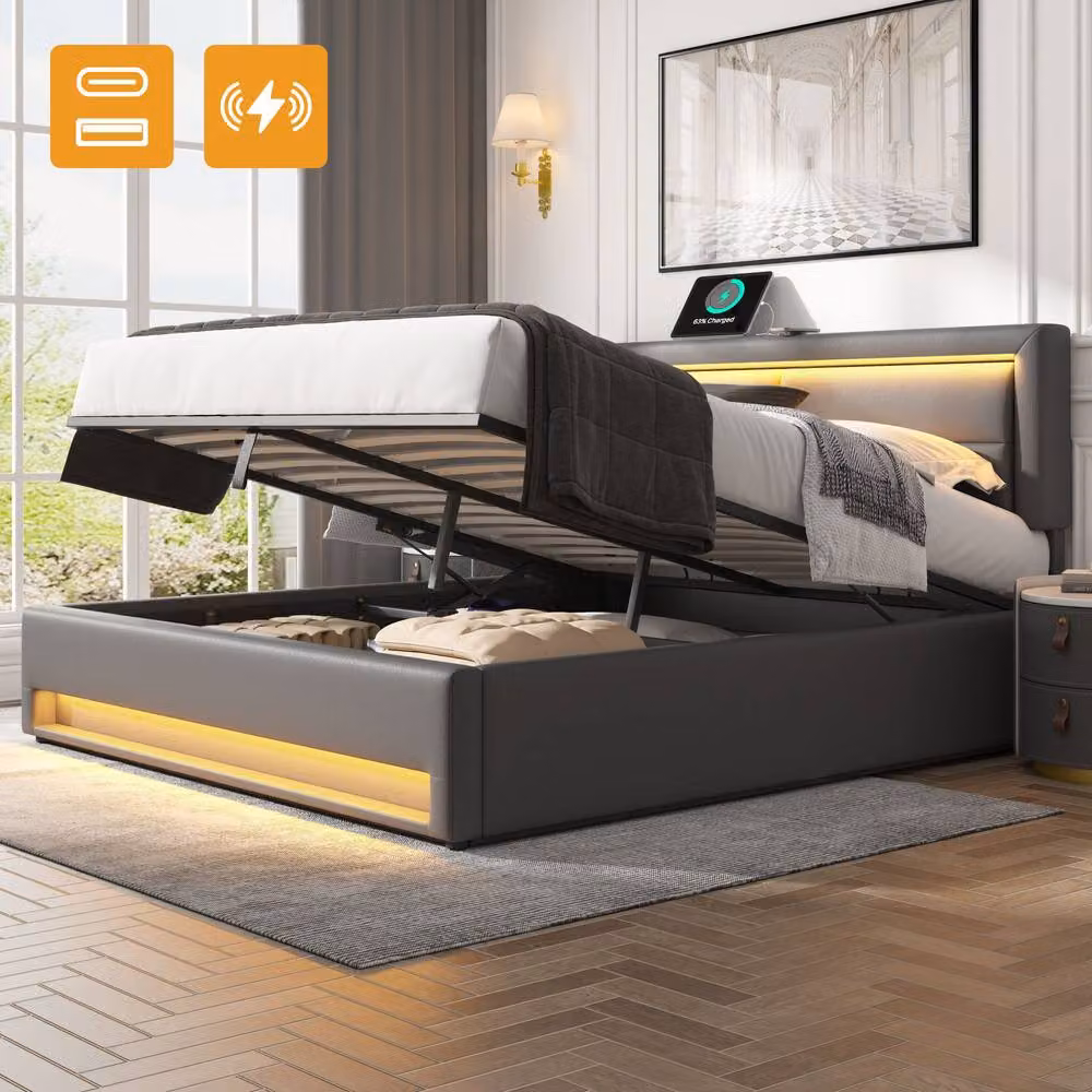 ModernLuxe Upholstered Double Bed in Grey with Hydraulic Storage, LED Lighting and USB Charging Ports, W/D/H: 140 x 200 x 30 cm – 3