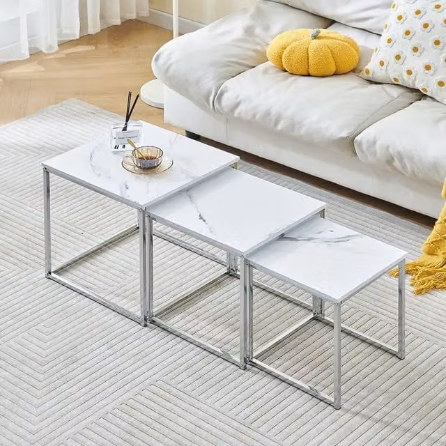 FURNOS Set of 3 Modern Square Nesting Tables with White Faux Marble Glass Tops and Metal Legs – 1