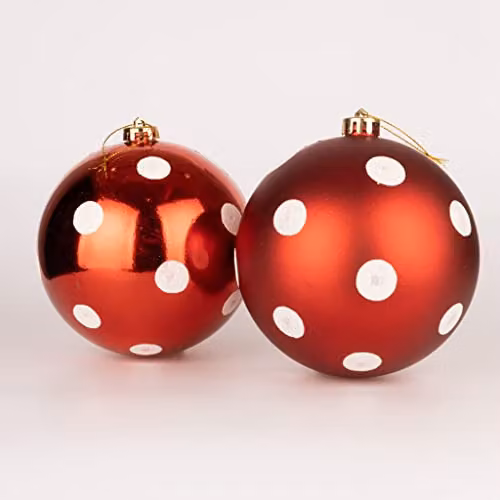 Shatchi 6-Piece Shatterproof Polka Dot Christmas Baubles in Red and White, 60mm Round Hanging Decorations – 1