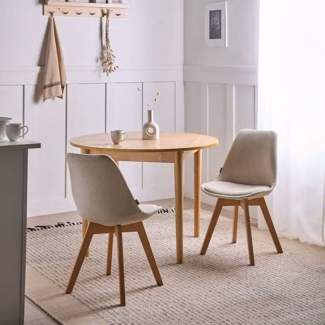 Wyld and Coco Set of 2 Off-White Fabric Dining Chairs with Padded Seats and Beechwood Legs