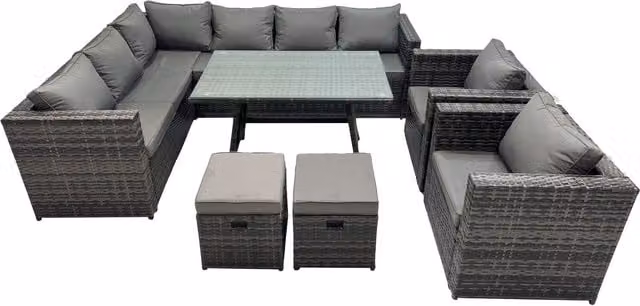 Fimous 10-Seater PE Rattan Outdoor Sofa and Dining Set in Dark Grey Mixed