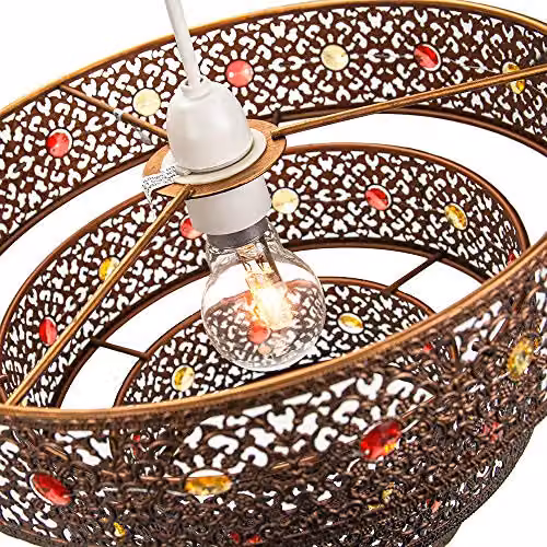 Happy Homewares Moroccan Style Triple Tier Ornate Pendant Light Shade in Antique Bronze with Red and Amber Beads, Width: 30 cm – 3
