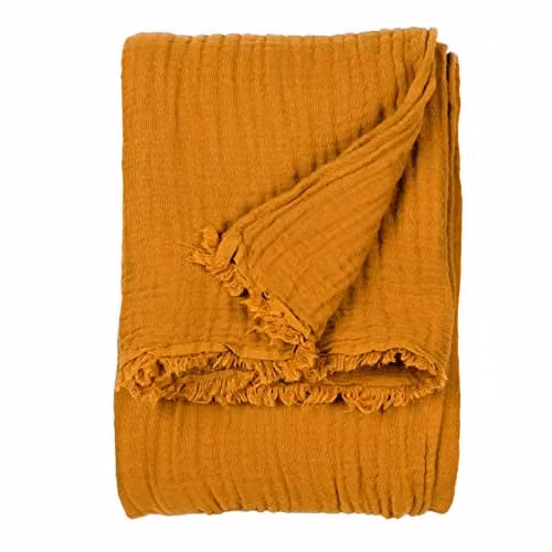 Riva Home Woven Cotton Muslin Throw with Fringes in Brown and Orange, W/D/H: 130 x 180 cm – 1