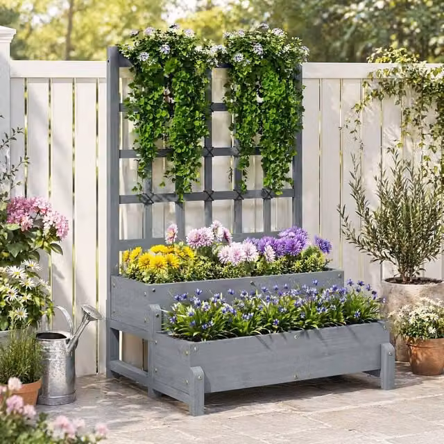 STILVORA 2-Tier Wooden Raised Garden Bed with Trellis in Grey, W/D/H: 121 x 66 x 88 cm – 1