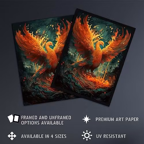 Artery8 Majestic Phoenix Mythical Creature Wall Art Print, Blue, Orange and Red Multicolour Paper Poster – 2