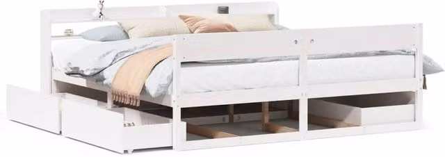 Berkfield Home White Rustic Solid Wood Pine Bed Frame with Drawers 200 x 200 cm