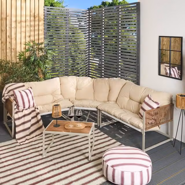 OHS Santorini 5 Seater Corner Sofa and Table Set in Natural Sand and Beige – 1