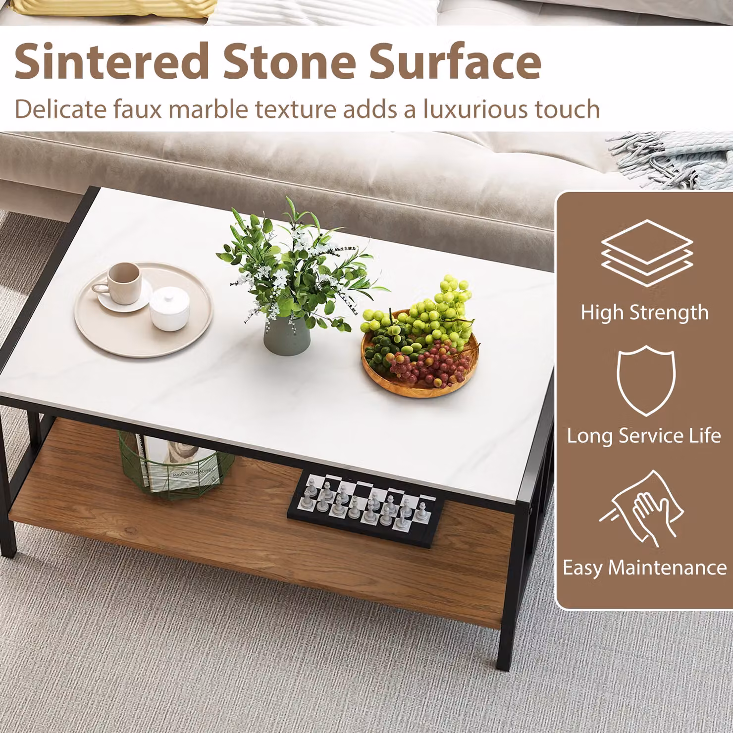 Gymax 2-Tier Rectangular Coffee Table with Storage Shelf in White – 3