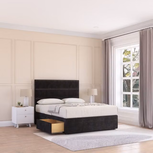 Sloomy Texas Super King Divan Bed Base and 26 inch Struts Headboard, Black Striped Fabric, W/D/H: 200 x 200 cm