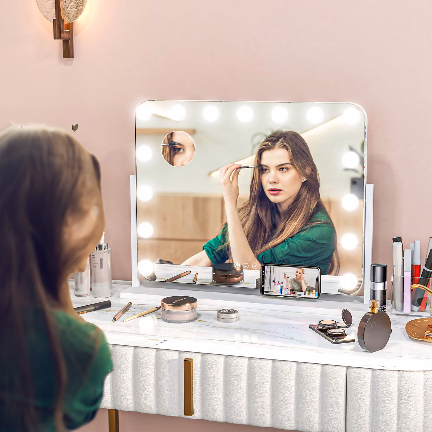 HOMCOM Hollywood Tabletop Vanity Mirror with LED Lights, 10X Magnifying, USB Charging Port, White, W: 63 cm, H: 50 cm, D: 63 cm – 2