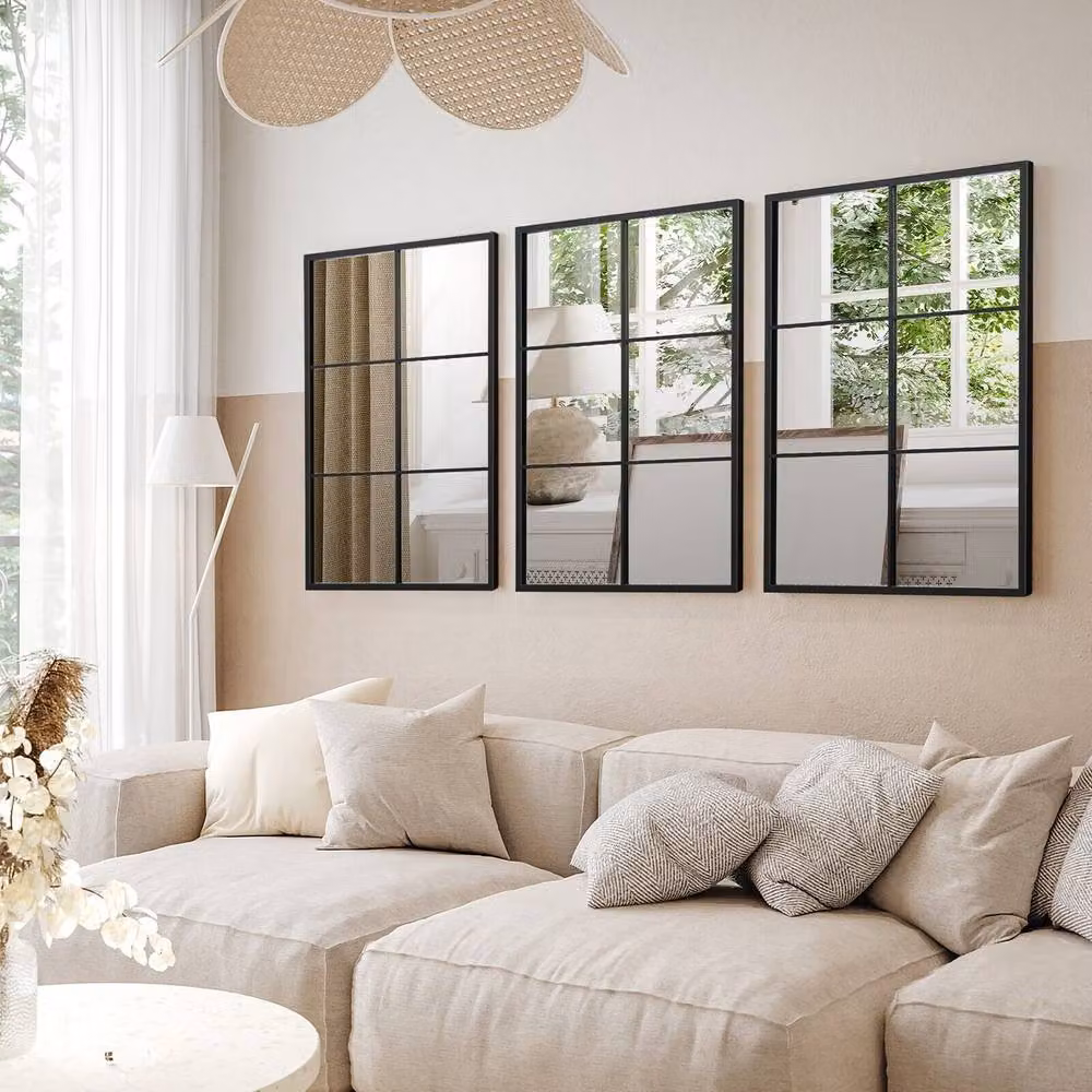 Gymax Modern Rectangular Windowpane Wall Mirror with Black Metal Frame – 9
