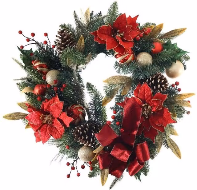 KDMD Red and Gold Poinsettia Christmas Wreath with Baubles, Diameter: 60 cm