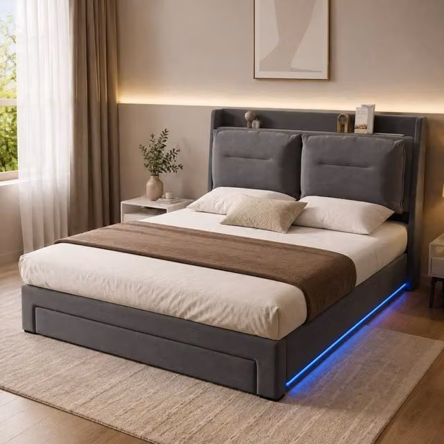 STILVORA Grey Velvet Upholstered Double Bed with Storage Drawers and LED Under-Bed Lighting, W/D/H: 140 x 200 x 135 cm – 1