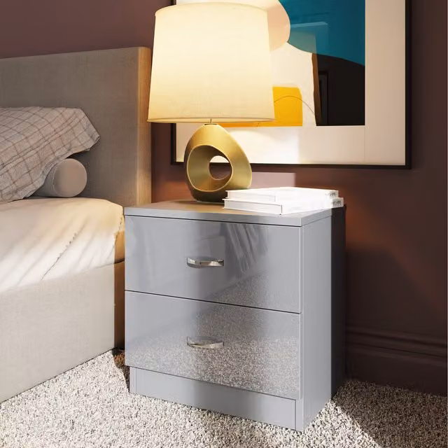 FWStyle Modern High Gloss 2 Drawer Bedside Table in Grey