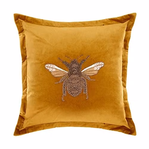 Voyage Maison Layla Feather Filled Velvet Embroidered Bee Cushion in Gold/Yellow, W/D/H: 50 x 50 x 50 cm