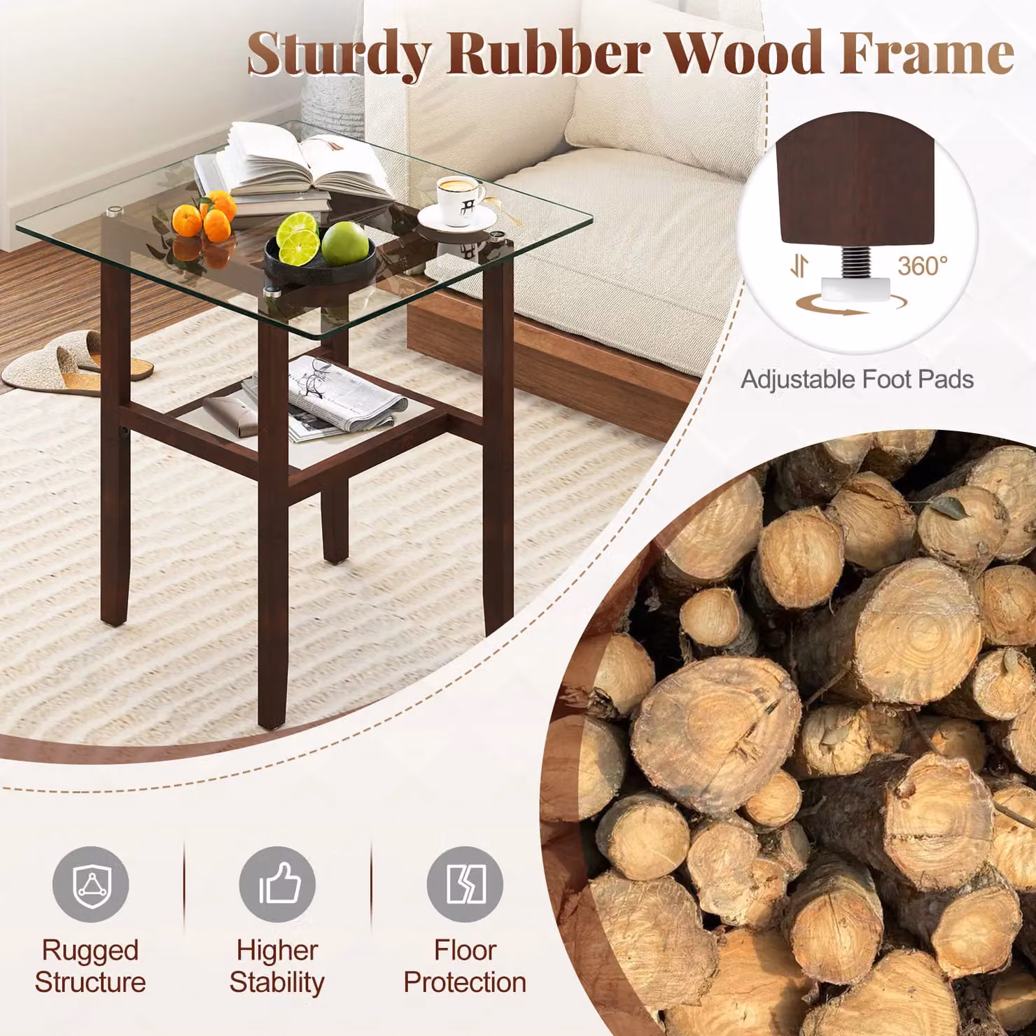 Gymax 2-Tier Square Glass and Rubberwood Side Table with Storage Shelf, Dark Brown, W/D/H: 61 x 61 x 62 cm – 5