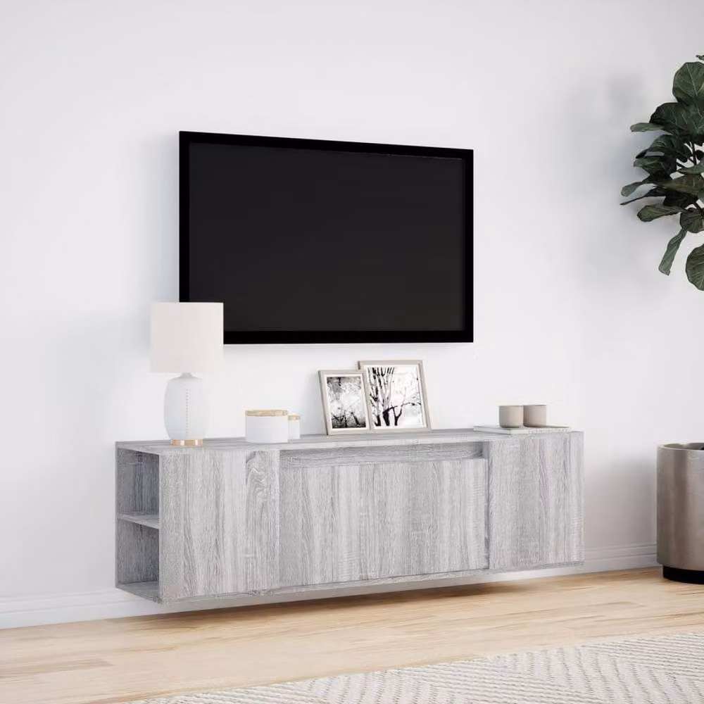 Berkfield Home Modern TV Wall Cabinet with LED Lights in Grey Sonoma, W: 135 cm, D: 31 cm, H: 39.5 cm – 3