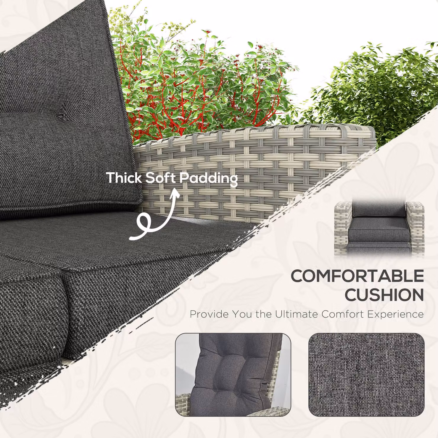 Outsunny 4 Piece Rattan Garden Furniture Set with Upholstered Cushions and Glass Top Coffee Table in Grey – 5