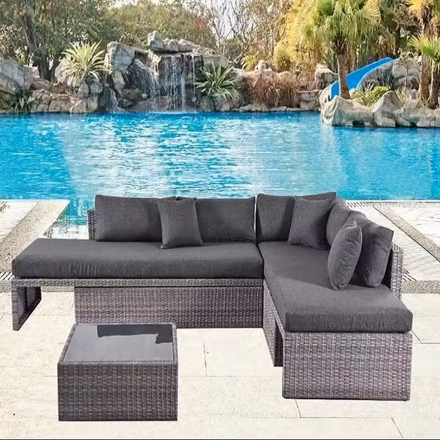 Louis Rattan 3 Piece Grey Sofa Lounge Set with Glass Table