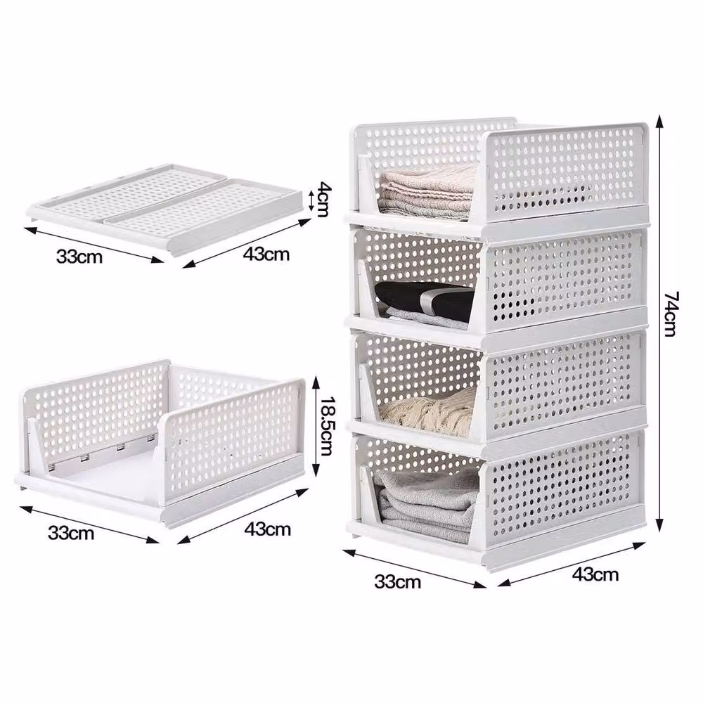 EONLION 4-Piece Set of Foldable and Stackable White Plastic Clothes Storage Boxes with Mesh Detail, Width: 60 cm – 2