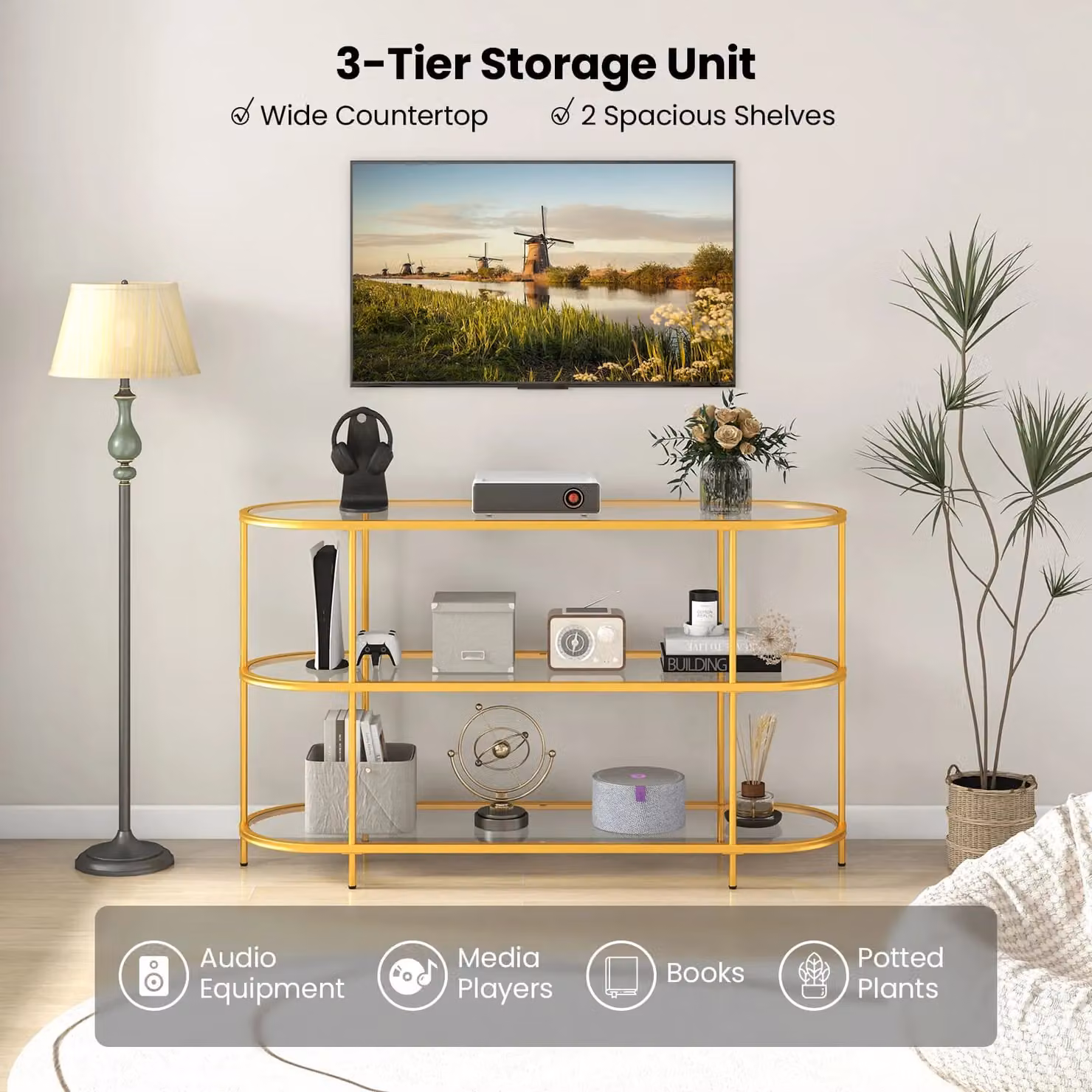 Costway 3-Tier Modern Gold TV Stand with Glass Shelves for TVs up to 65 inch, Width: 140 cm – 2