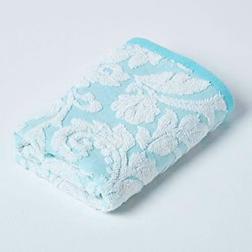 HOMESCAPES Luxury Turquoise Hand Towel, 100% Turkish Cotton with Damask Floral Pattern, 600GSM Super Soft and Absorbent Aqua Towel
