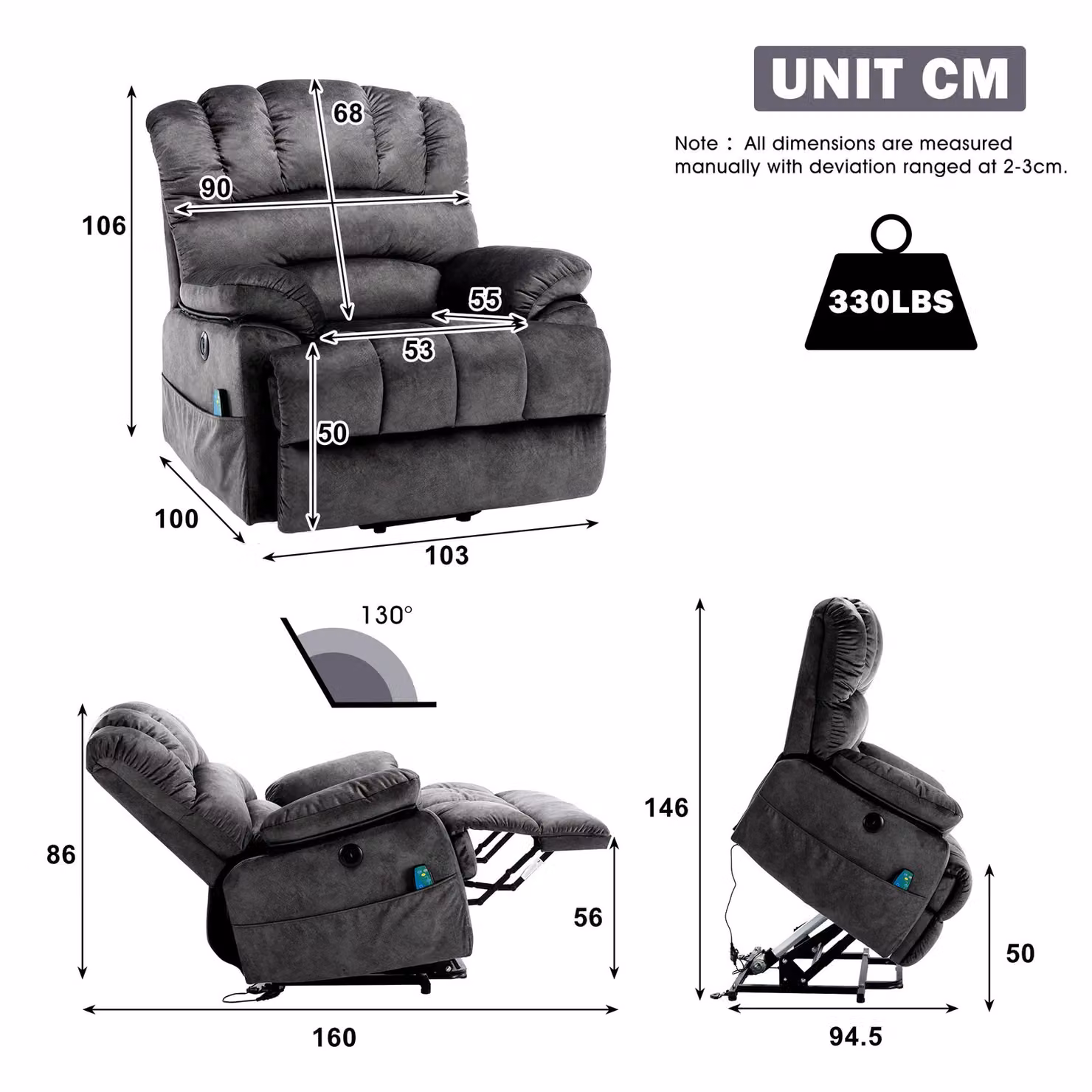 Aosom UK Electric Power Lift Recliner Chair with Heating Massage, Vibration, USB Ports and Side Pockets in Grey, W/D/H: 103 x 100 x 106 cm – 3