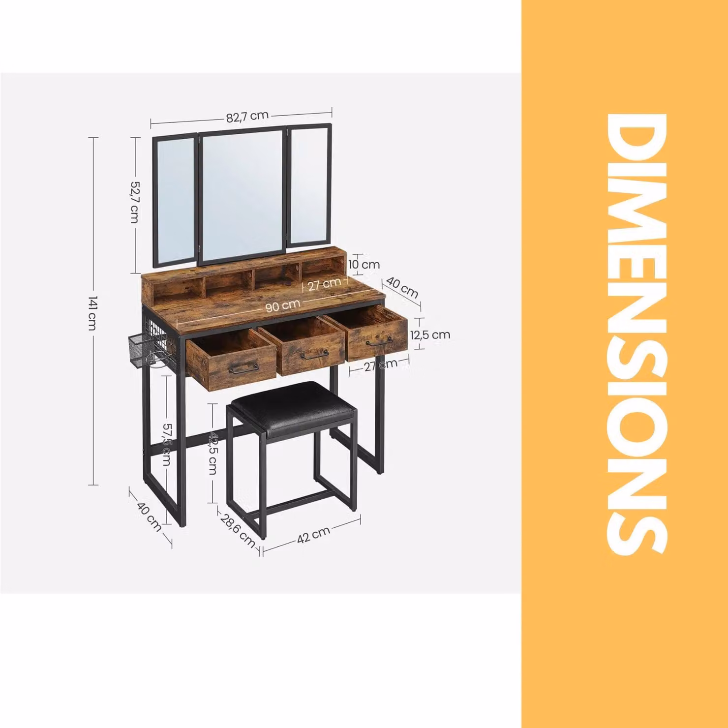 Pirlo Plush 3 Drawer Dressing Table with Tri-Fold Mirror and Stool in Brown, W/D/H: 141 x 40 x 76.7 cm – 4