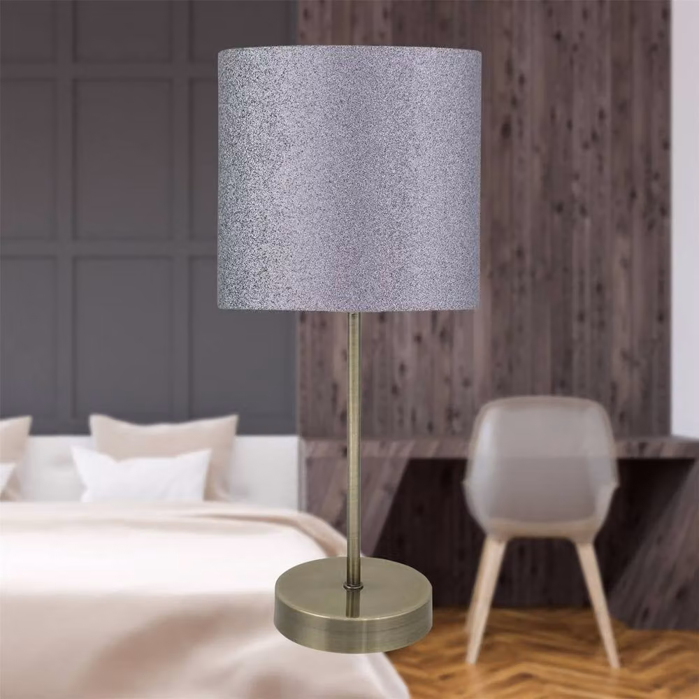 First Choice Lighting Antique Brass Stick Table Lamp with Grey Fabric Shade in Bronze – 4