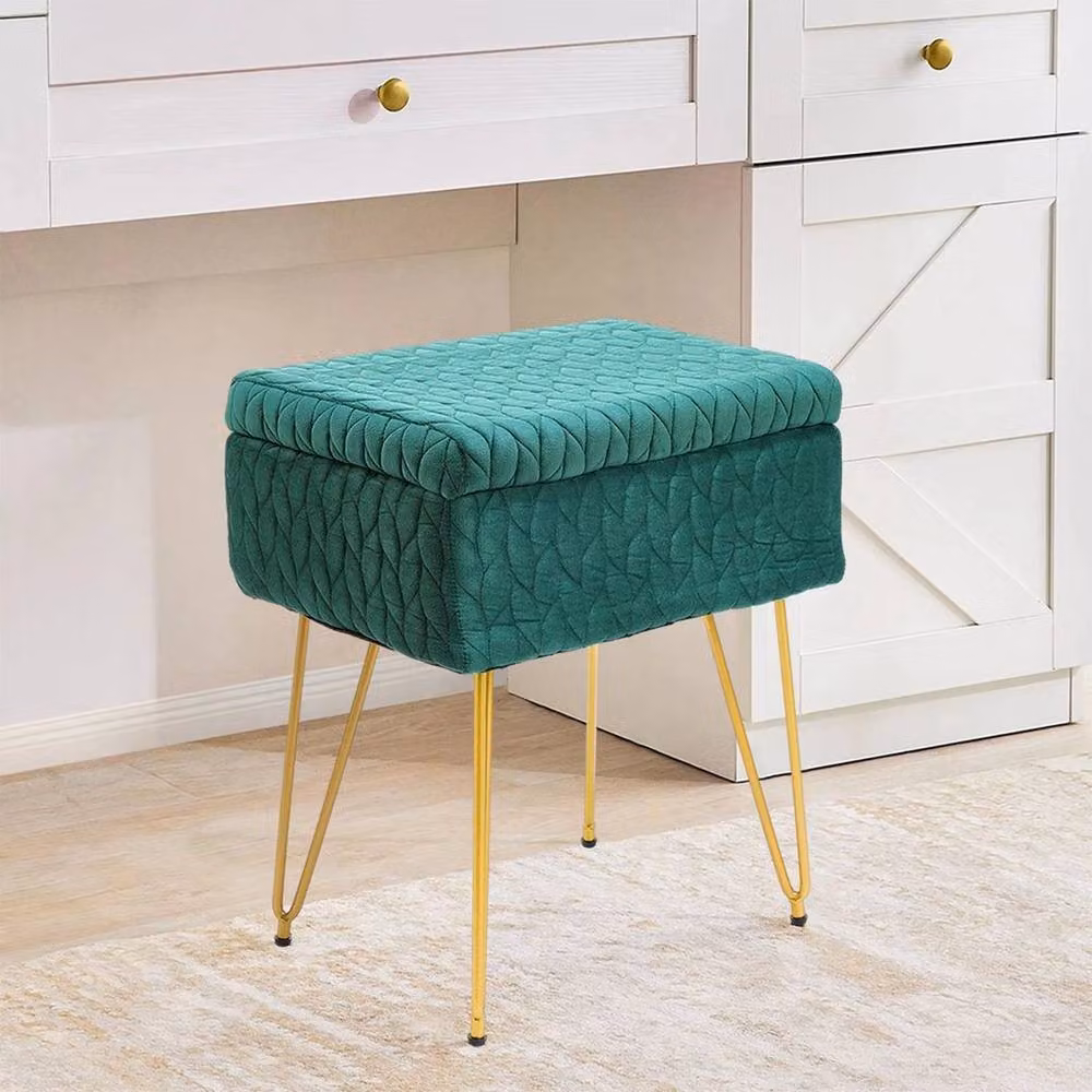 KORVIXA Green Velvet Upholstered Storage Ottoman Pouffe Seat Stool, W/D/H: 100 x 100 x 100 cm – 2