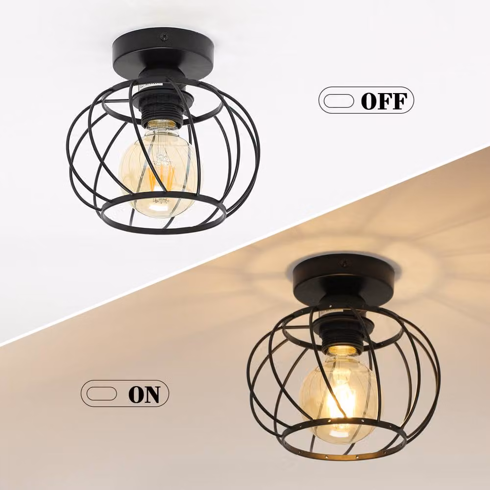 Goeco Retro Industrial Black Metal Ceiling Light with Round Spiral Cage Lampshade and E27 Socket – 4