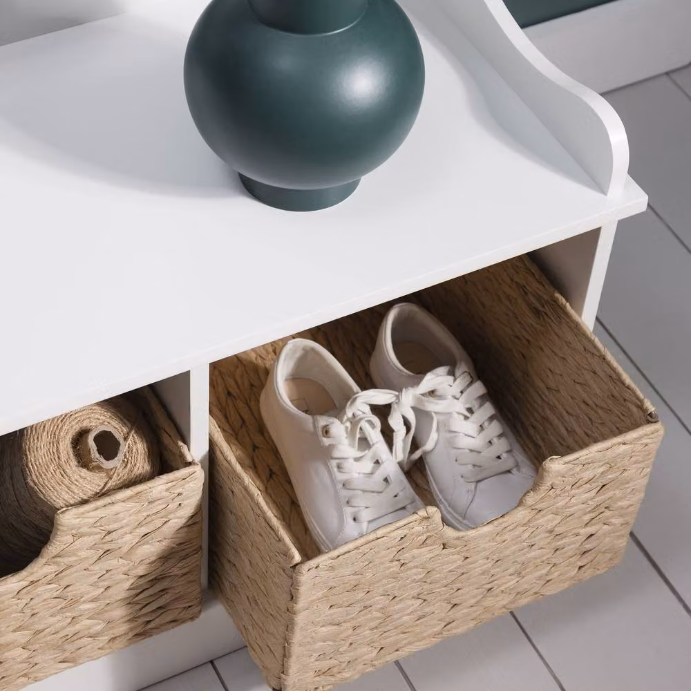 Nöa and Nani Stockholm Scandinavian Style Storage Bench in White with 3 Brown Rattan Baskets – 3