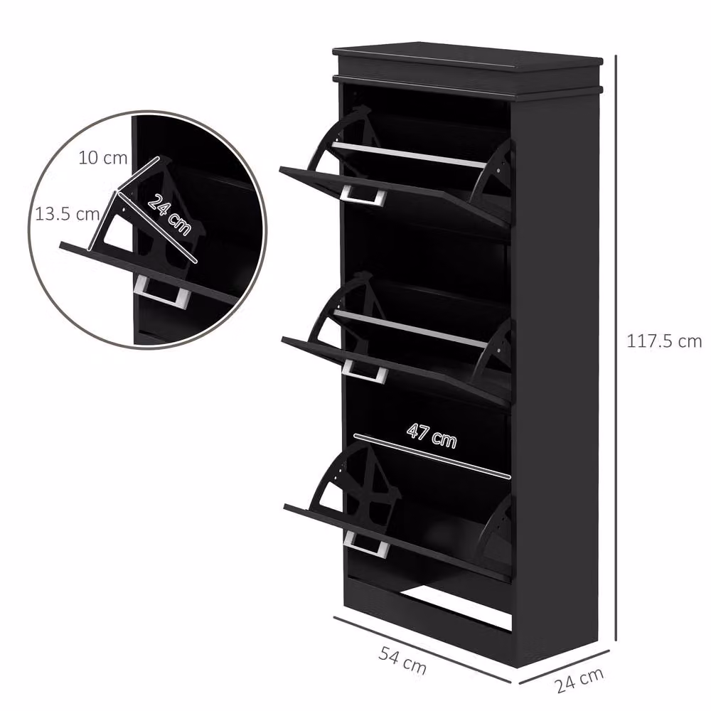 HOMCOM Slim Black Shoe Storage Cabinet with 3 Tilting Compartments and Internal Shelves, H 117.5 x W 54 x D 24 cm – 8