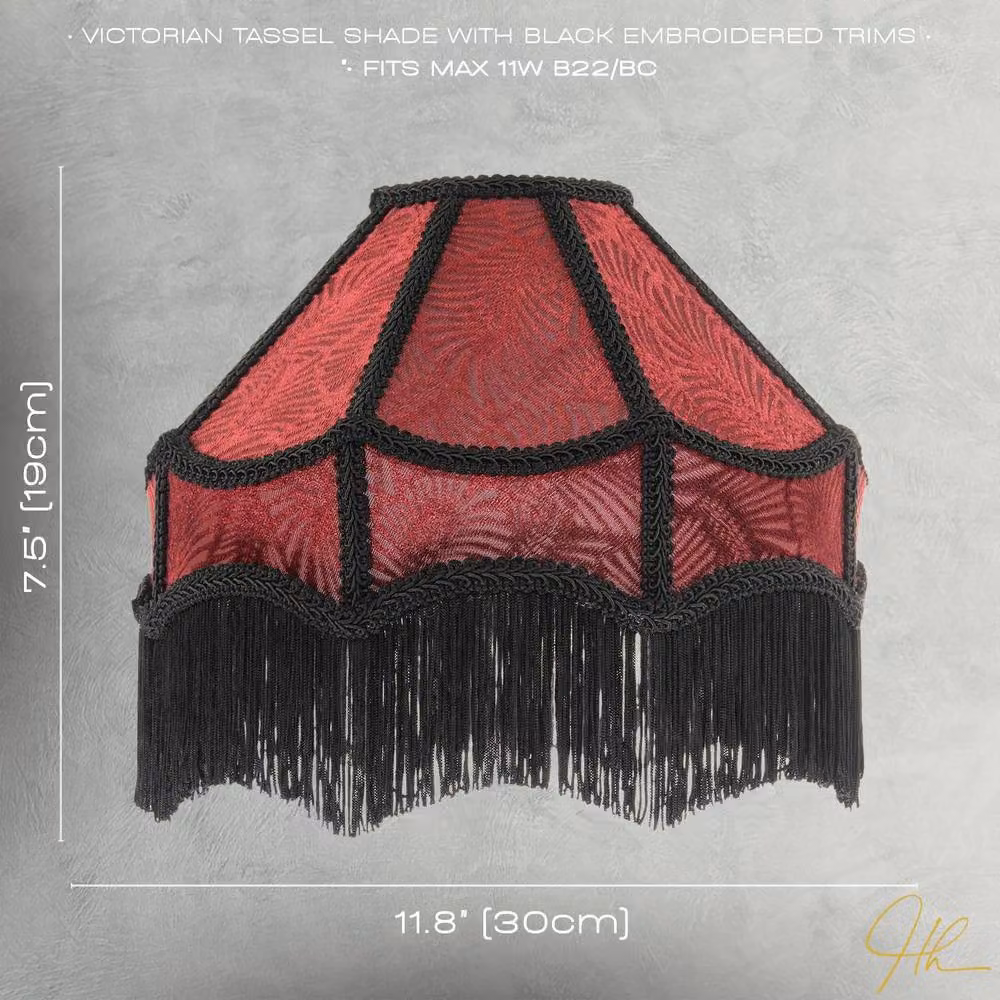 Happy Homewares Vintage Victorian Style Fabric Lamp Shade in Red and Black with Tassels – 7