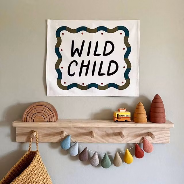Kid of the Village Wild Child Textile Wall Hanging Banner in Black, Blue, Green and Red, W/D/H: 50 x 40 x 50 cm – 1