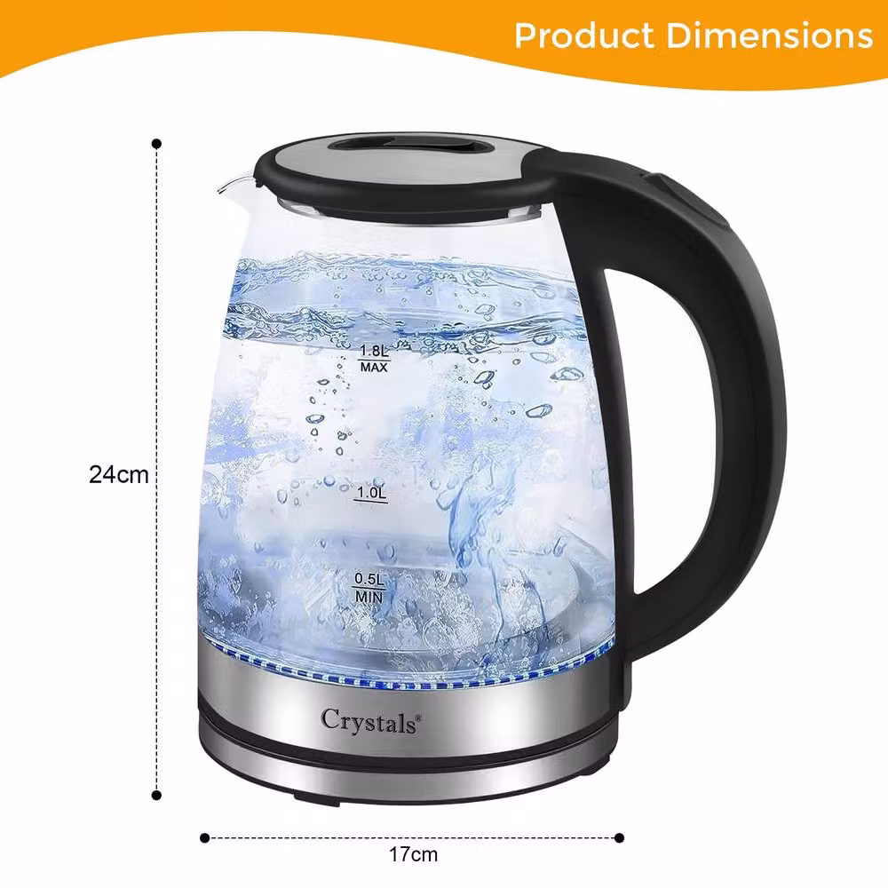 Crystals 1.8L Glass Electric Kettle with 360 Degree Base and Blue LED Light, 1500W, Clear, Diameter: 24 cm – 5